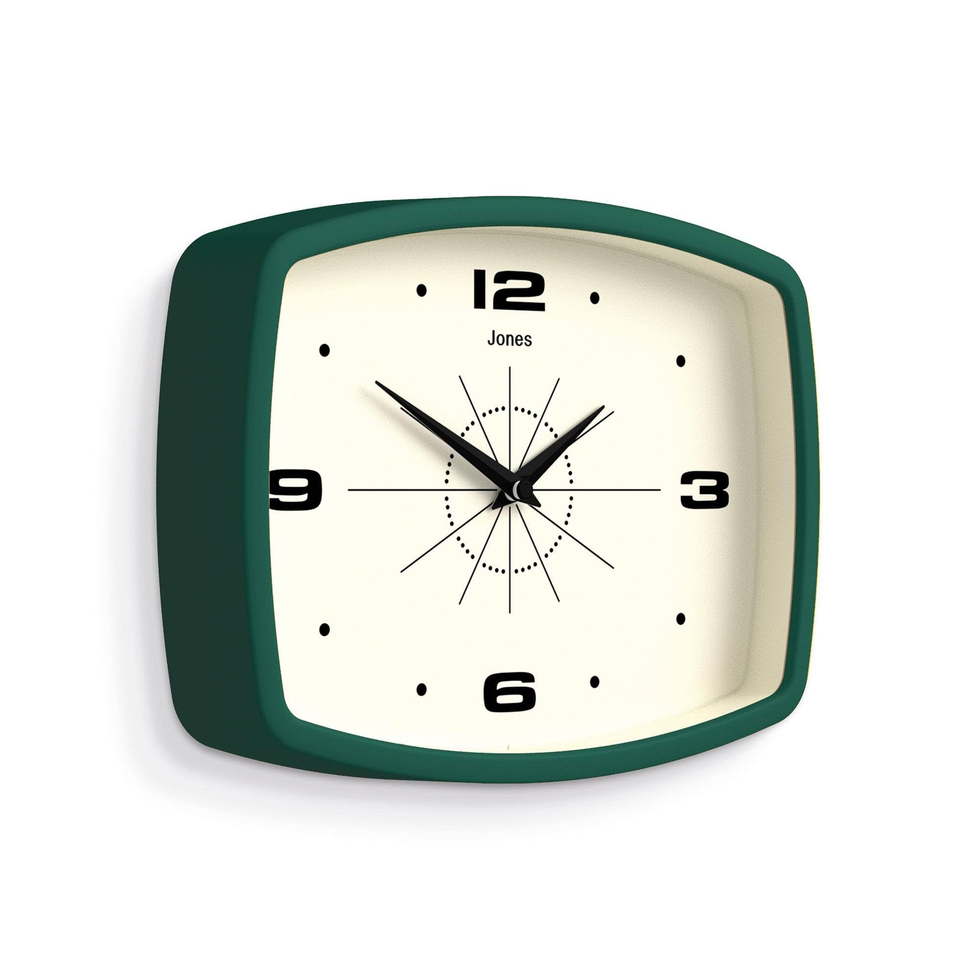 Jones Clocks Movie wall clock side profile highlights slim, compact form.