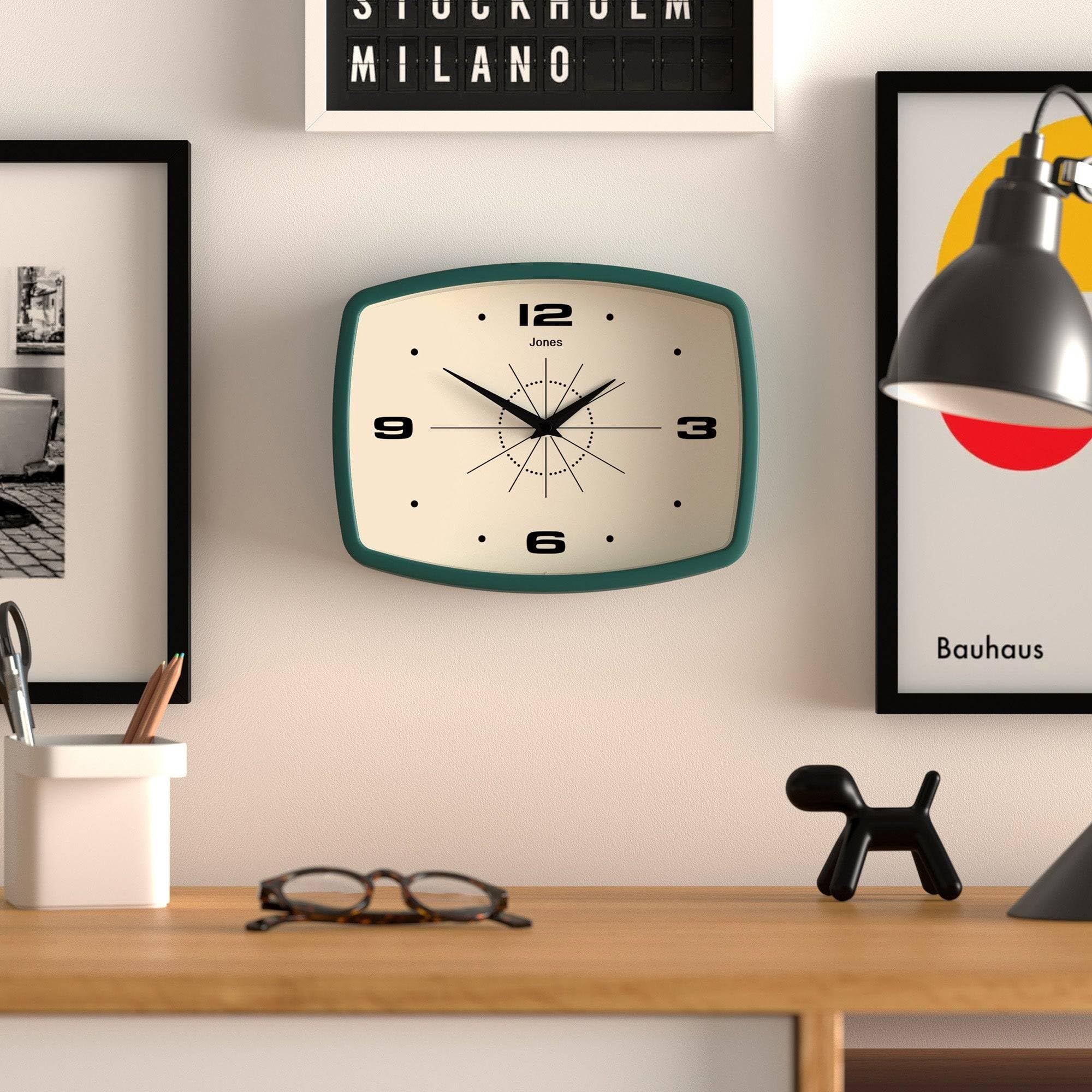 Jones Clocks Movie wall clock dial close-up shows clear, readable numbers.
