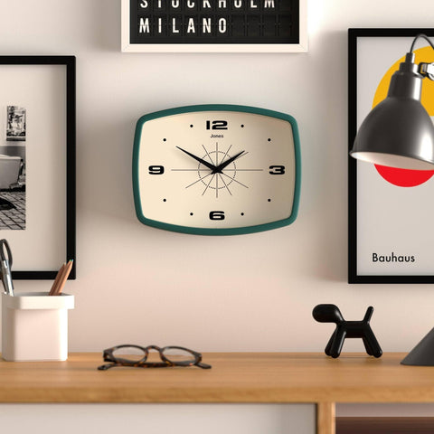 Jones Clocks Movie wall clock dial close-up shows clear, readable numbers.