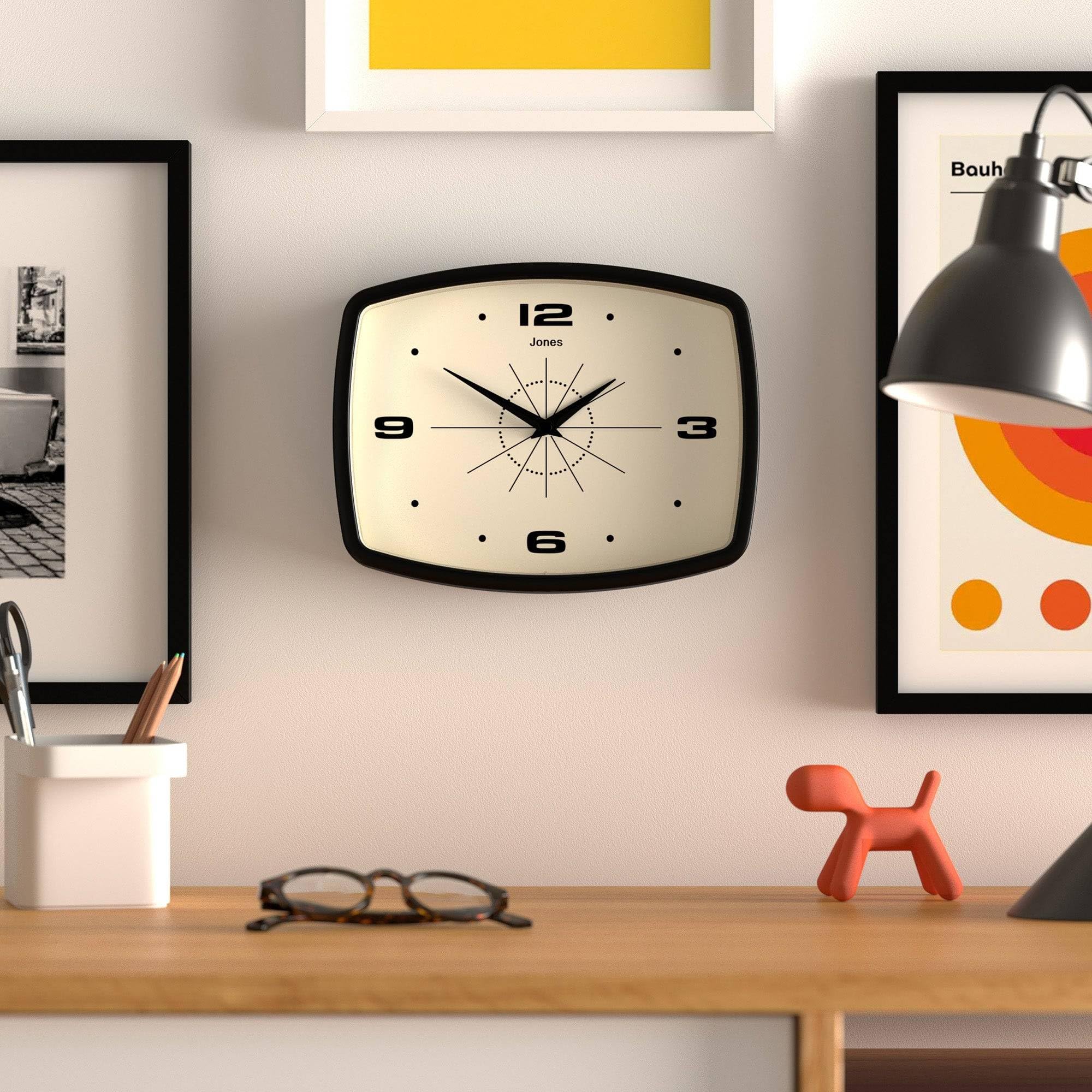 Jones Clocks Movie wall clock face detail shows crisp, reliable quartz precision