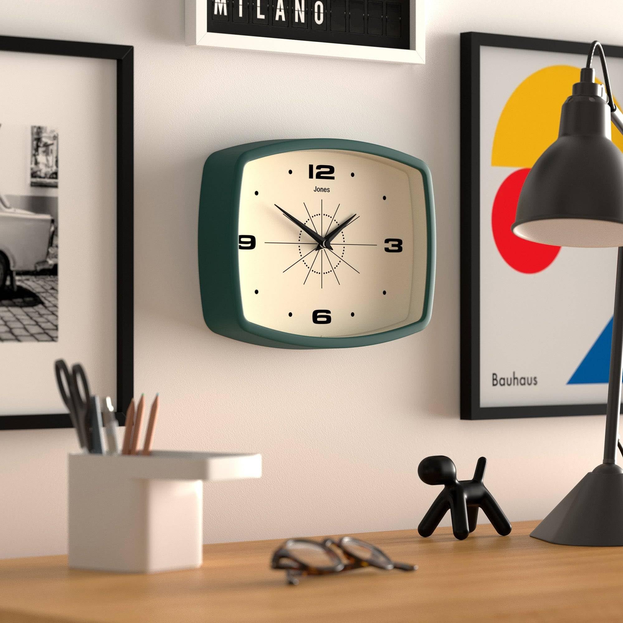 Jones Clocks Movie wall clock glass lens protects the dial for easy viewing.