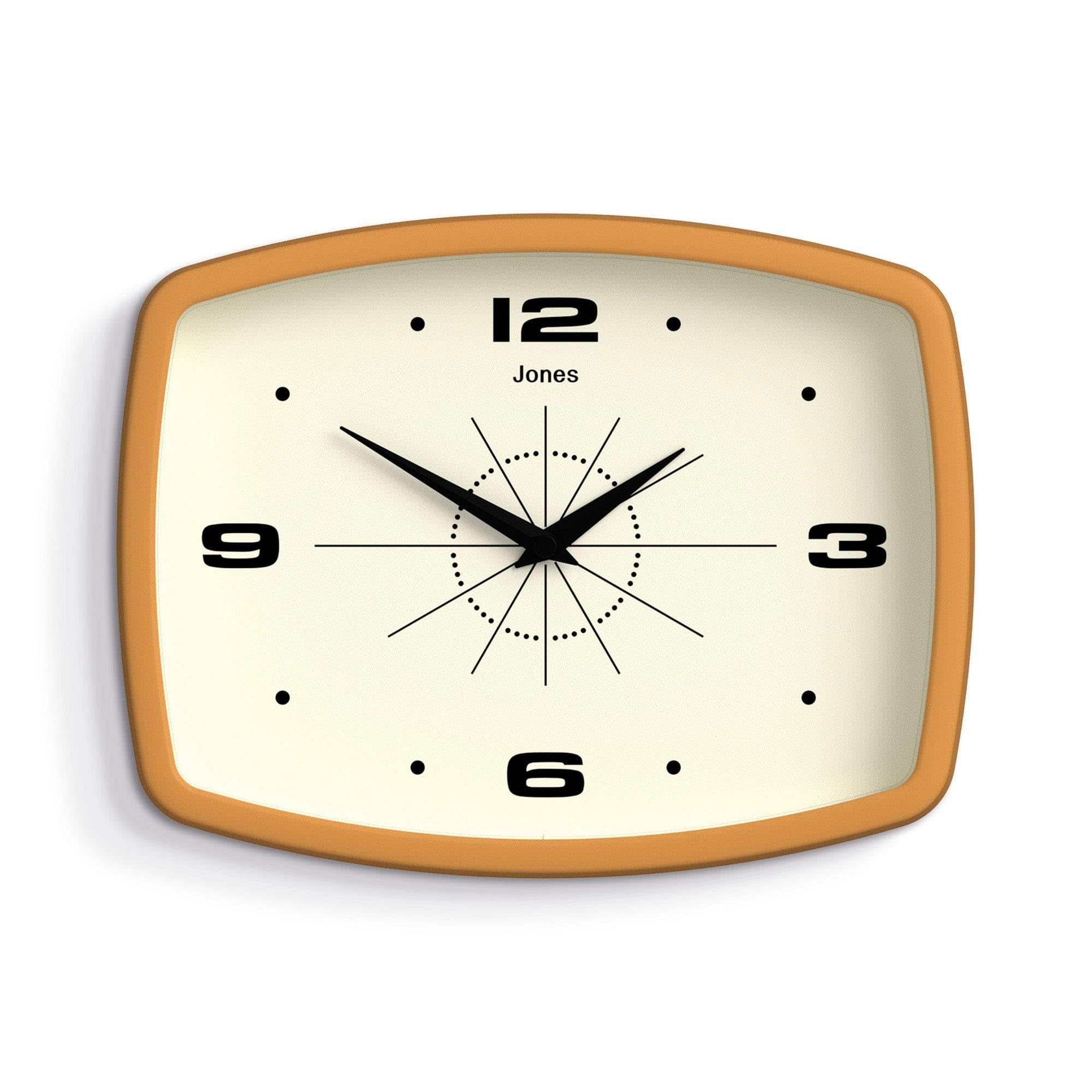 Jones Clocks Movie wall clock mustard yellow adds retro mid-century charm to kitchens