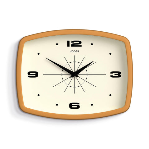 Jones Clocks Movie wall clock mustard yellow adds retro mid-century charm to kitchens