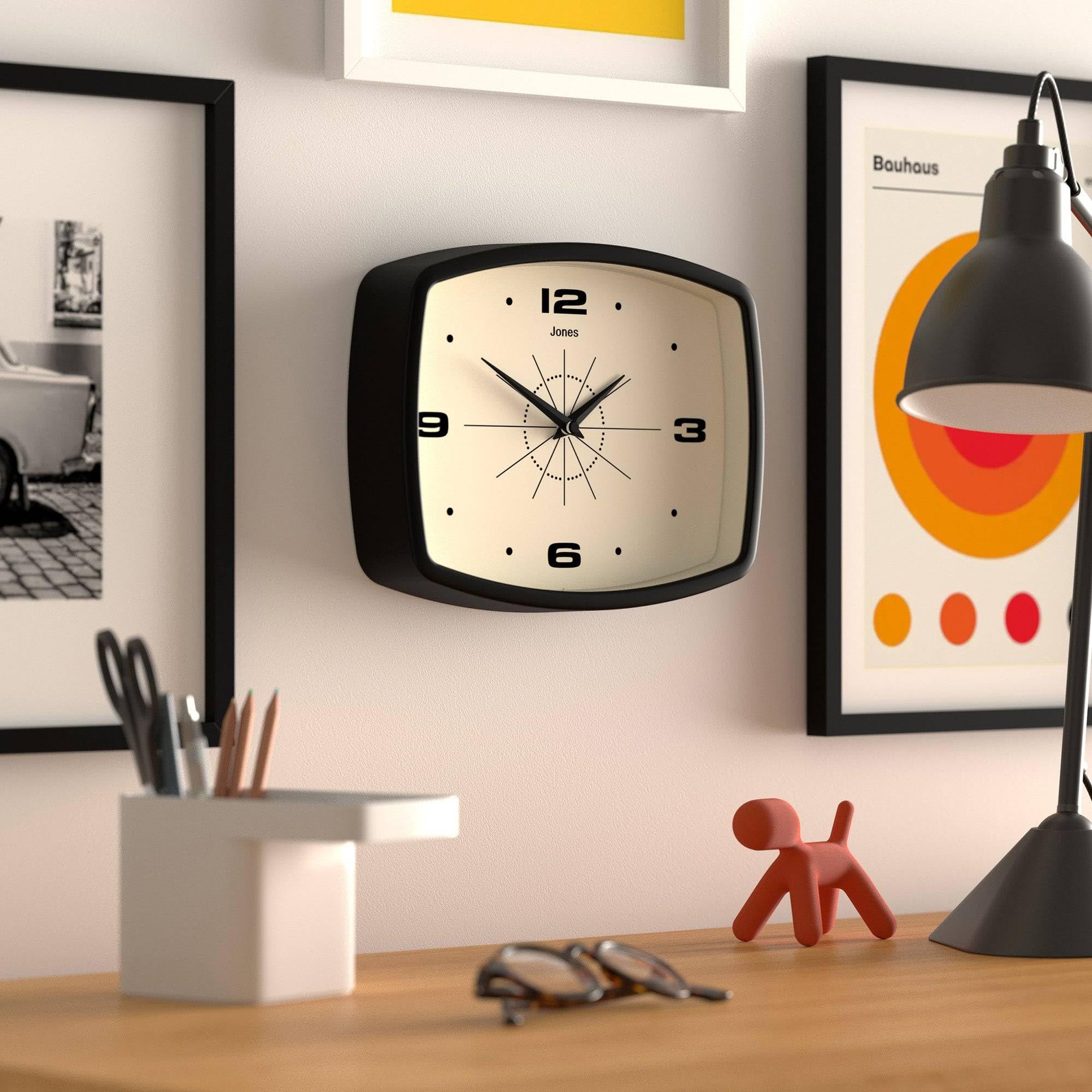 Jones Clocks Movie wall clock on wall styled for living room vibes