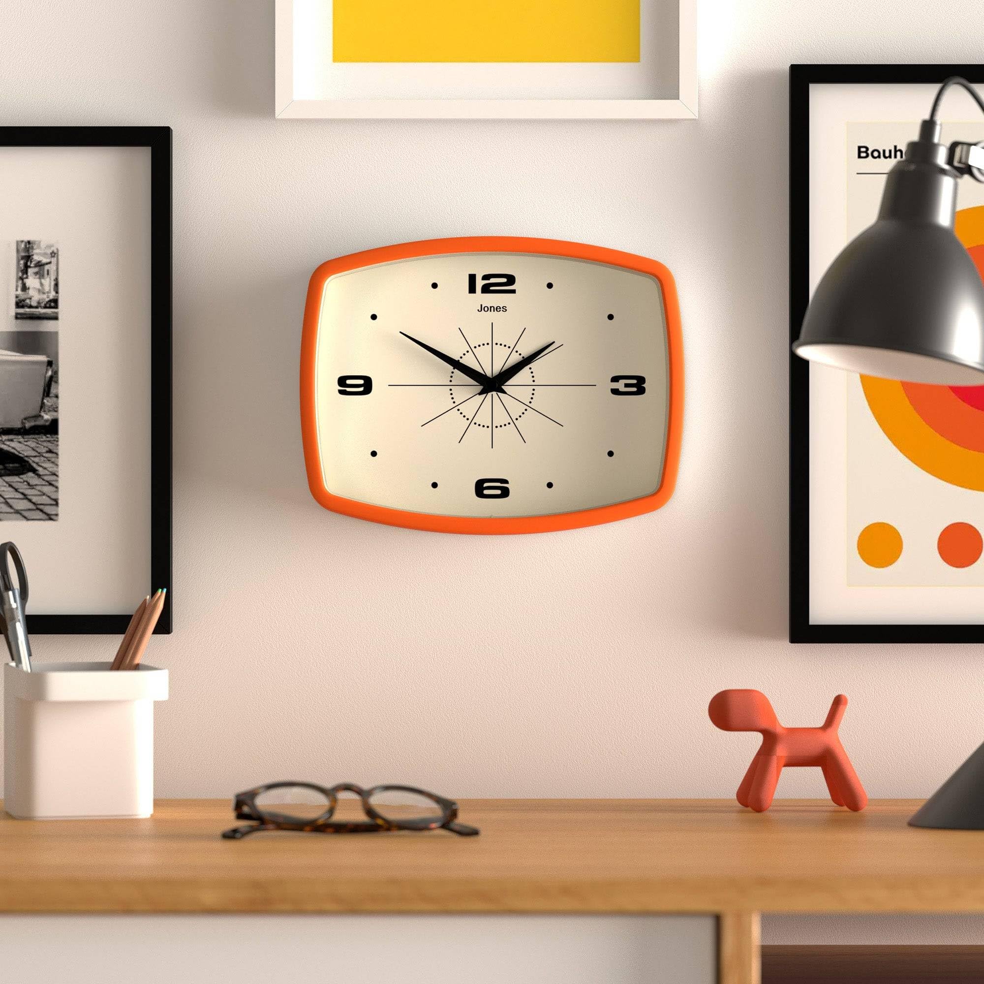 Kitchen or study wall showcase for mid-century vibes with the Movie clock.