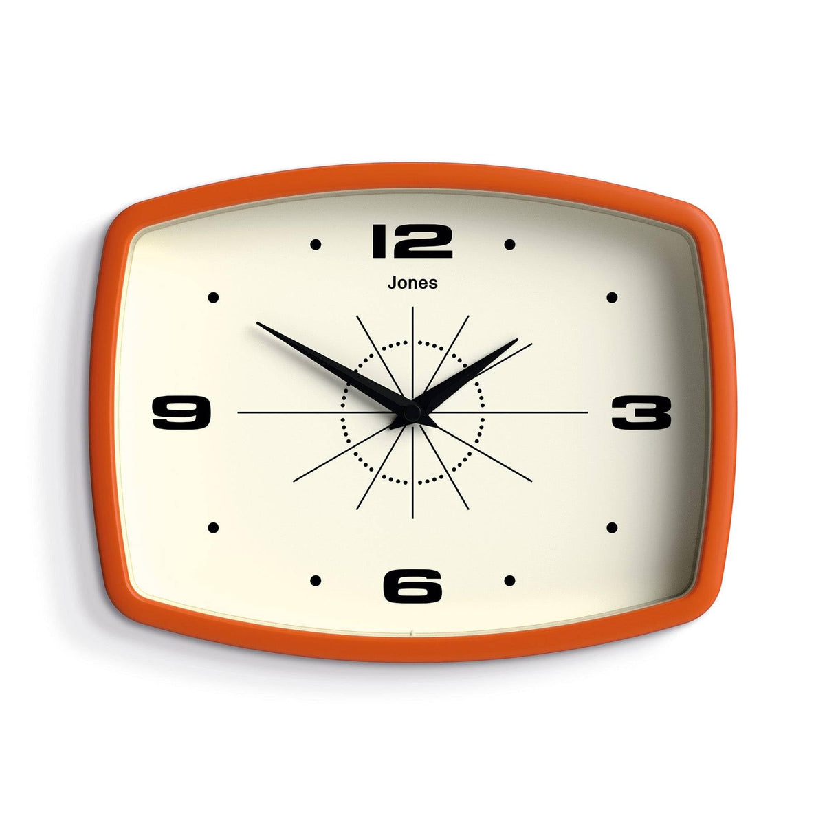 Jones Clocks Movie wall clock in orange, retro rectangular front view for living rooms.
