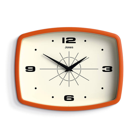Jones Clocks Movie wall clock in orange, retro rectangular front view for living rooms.