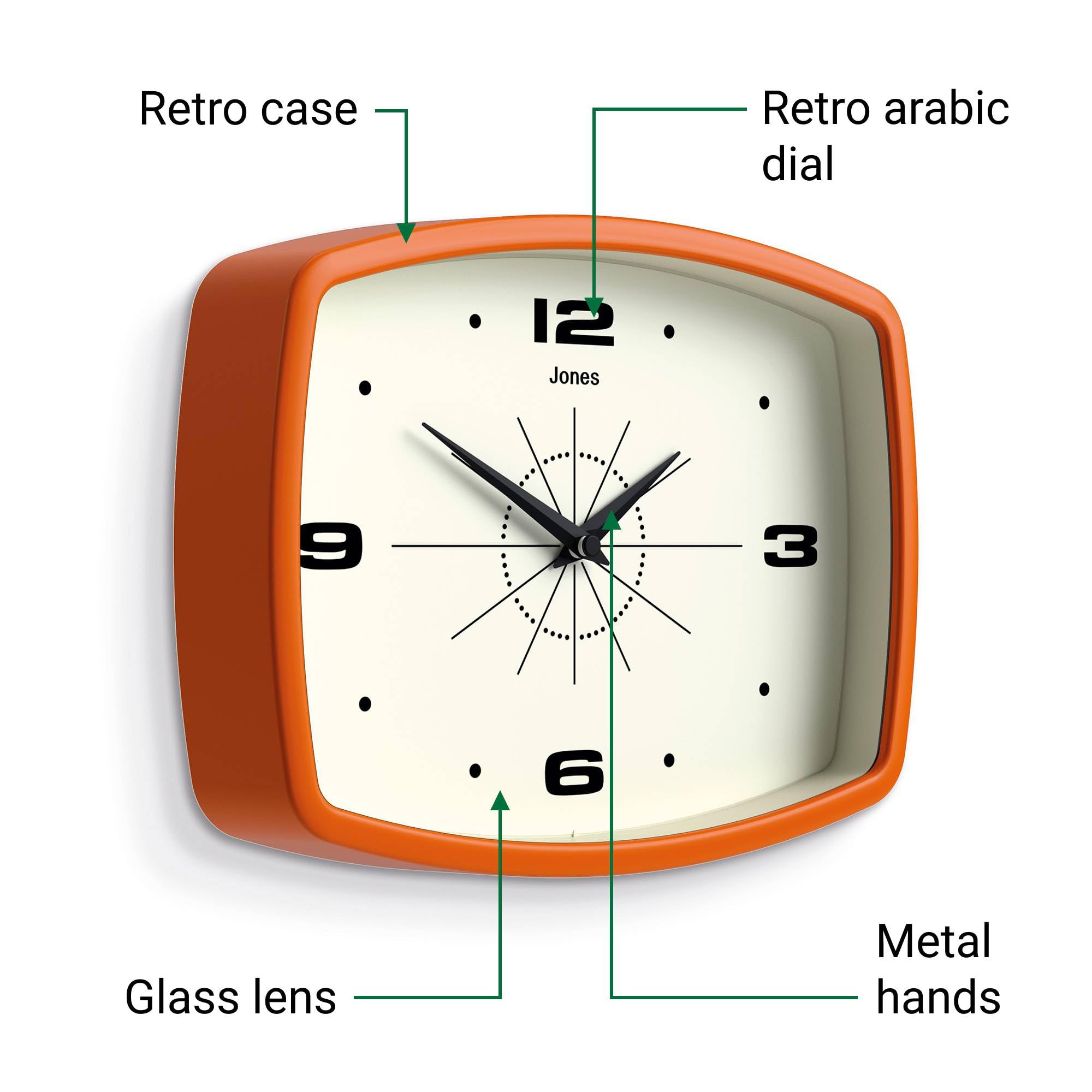 UK-designed, exclusively by Jones Clocks for a nostalgic yet modern look.