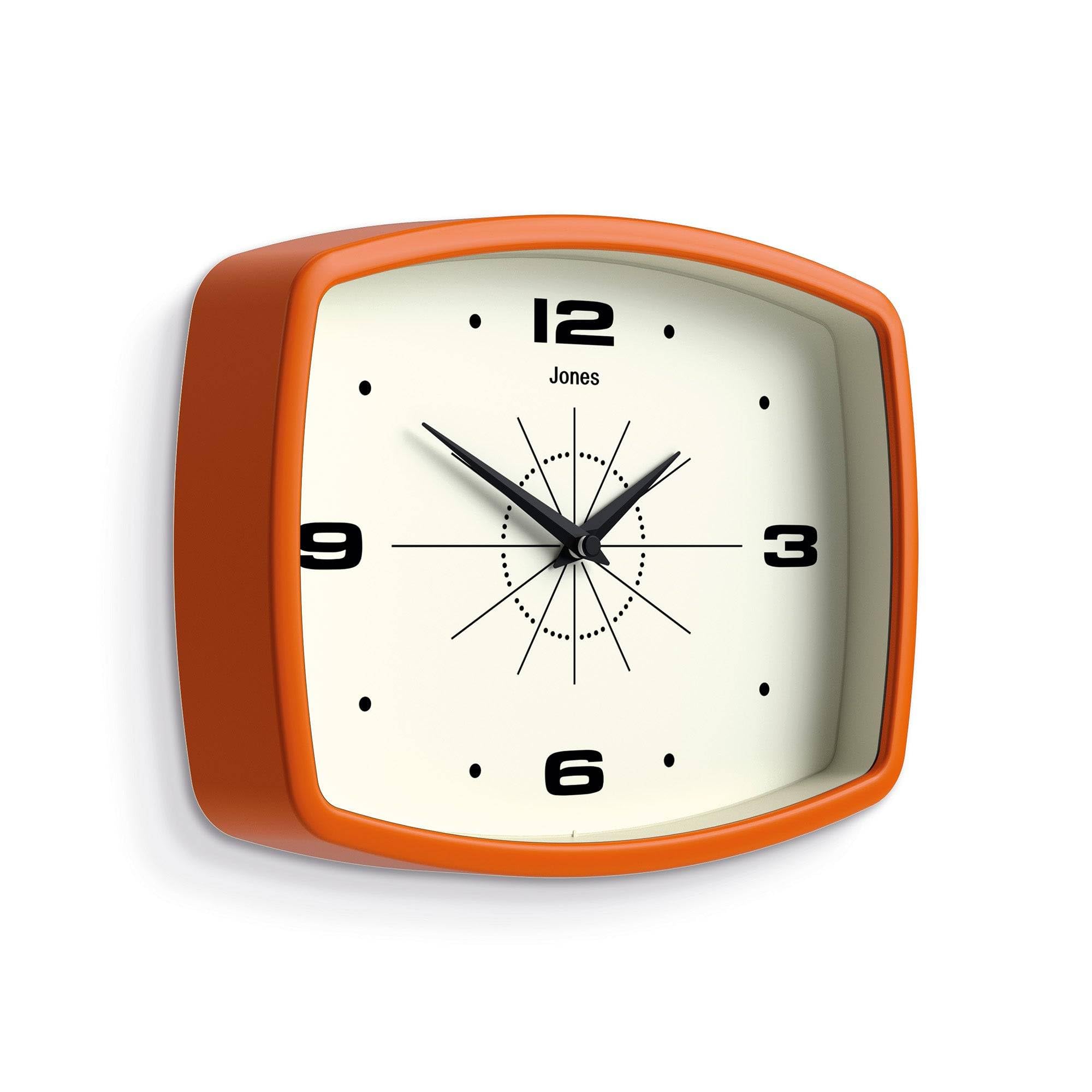 Close-up of glass lens and matte acrylic finish on Jones Clocks Movie clock.