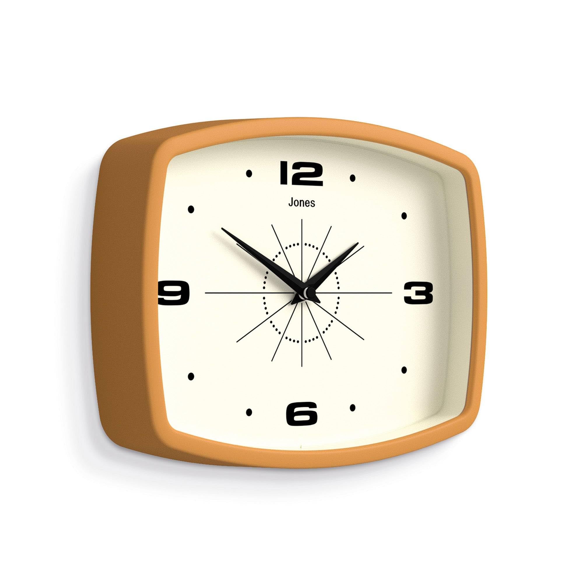 Jones Clocks Movie wall clock retro kitchen setting with mustard yellow finish