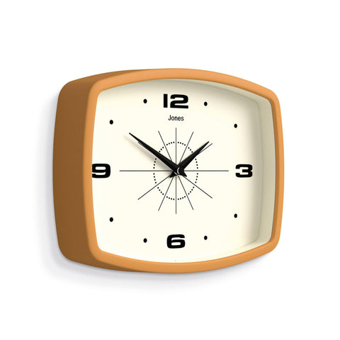 Jones Clocks Movie wall clock retro kitchen setting with mustard yellow finish