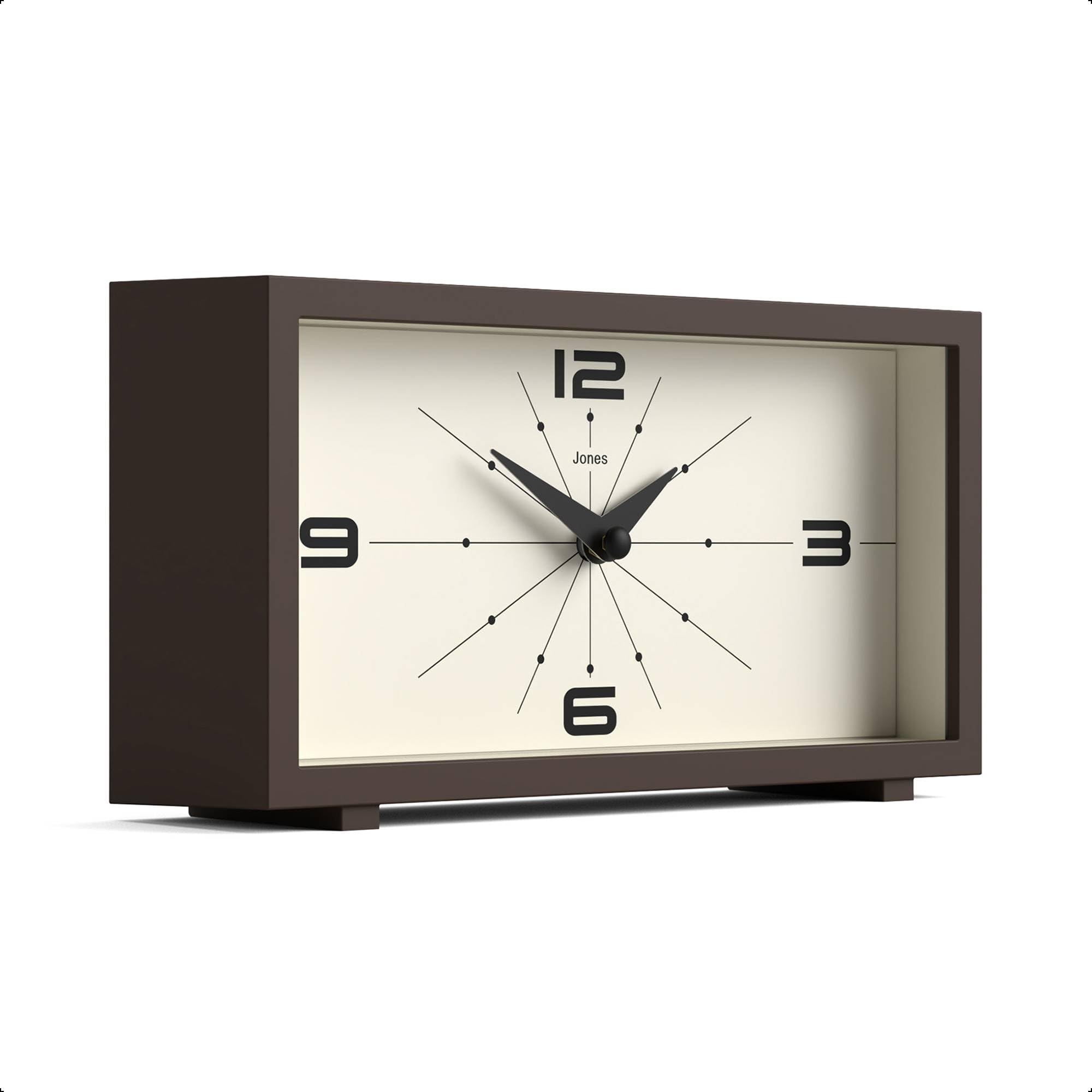Jones Clocks Odeon brown acrylic desk clock with glass lens for a vintage-modern look.