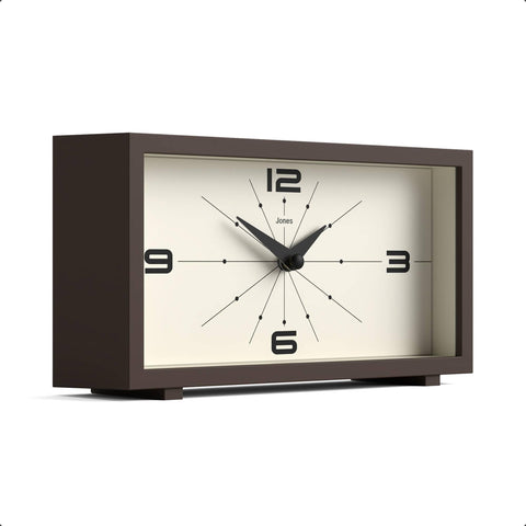 Jones Clocks Odeon brown acrylic desk clock with glass lens for a vintage-modern look.