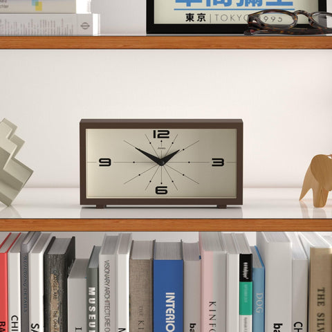 Jones Clocks Odeon desk clock featuring a glass lens and matte brown acrylic finish.