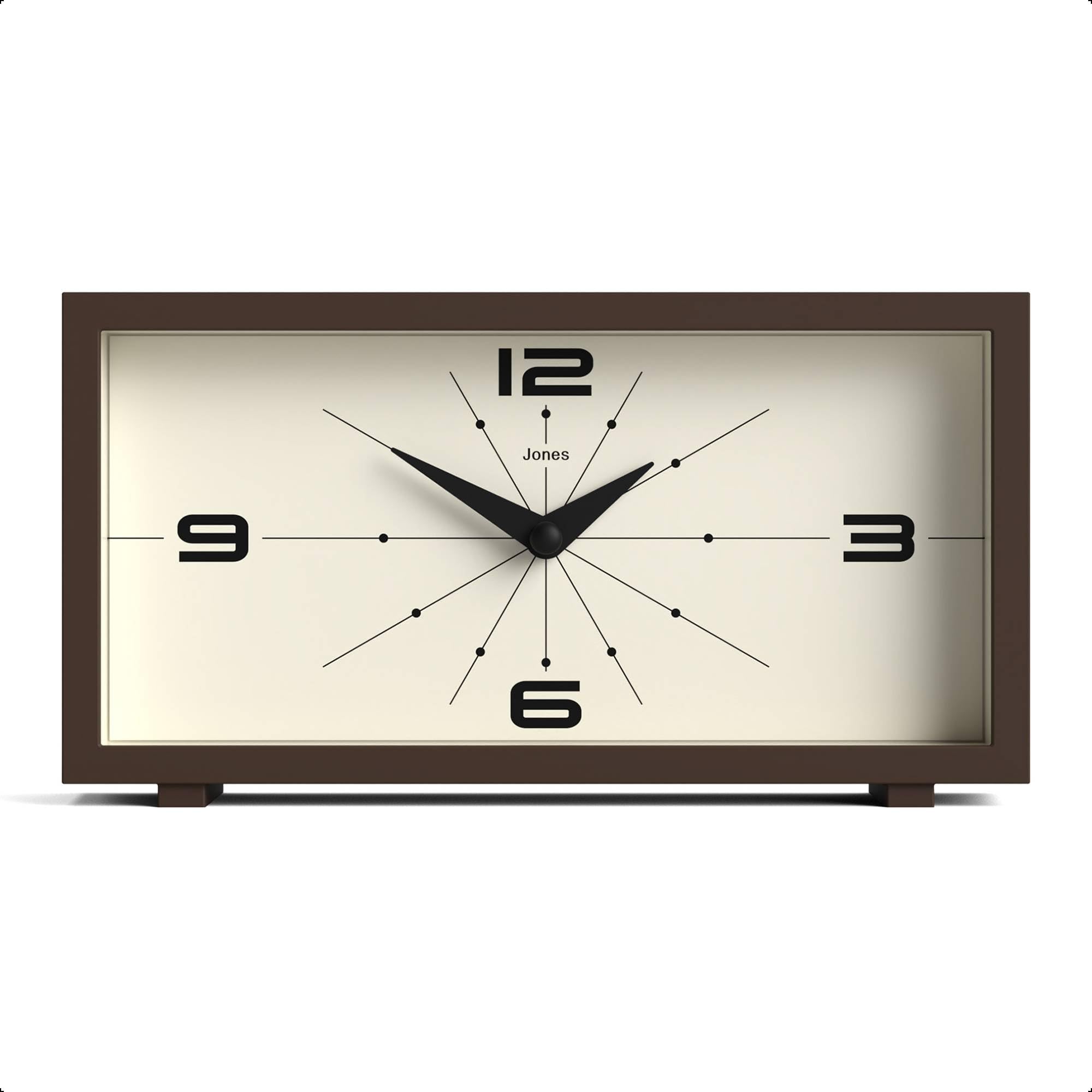 Jones Clocks Odeon desk clock with rectangular brown acrylic case and accurate quartz movement for desk or mantel.