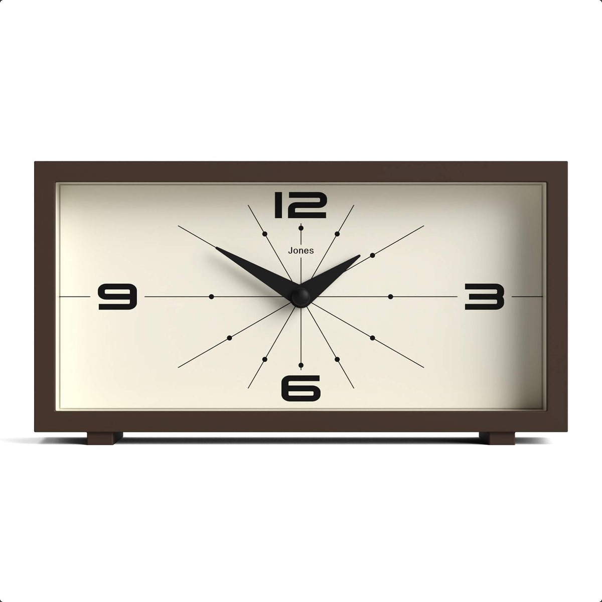 Jones Clocks Odeon desk clock with rectangular brown acrylic case and accurate quartz movement for desk or mantel.