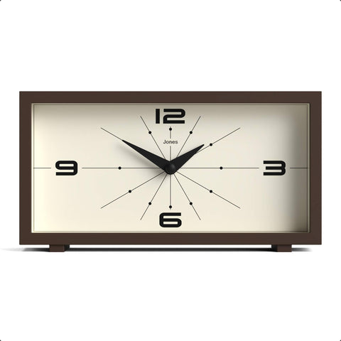 Jones Clocks Odeon desk clock with rectangular brown acrylic case and accurate quartz movement for desk or mantel.