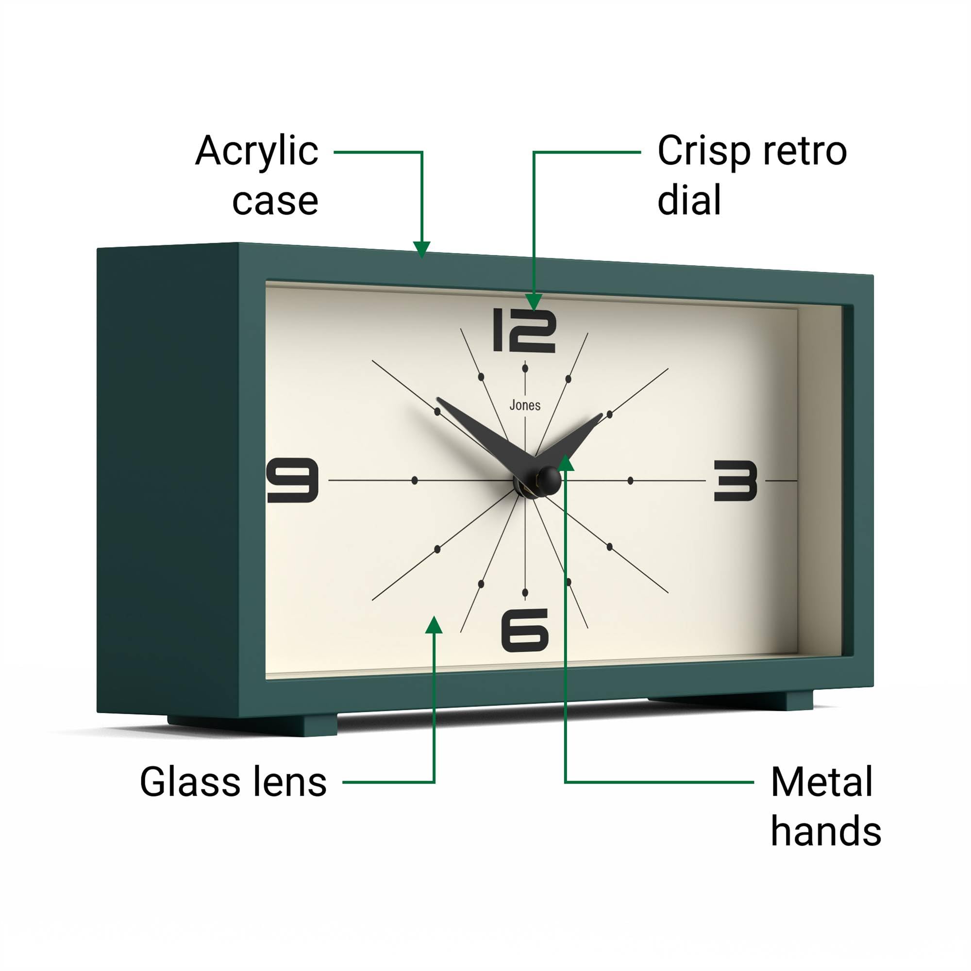 Jones Clocks Odeon compact dimensions fit mantels and desks