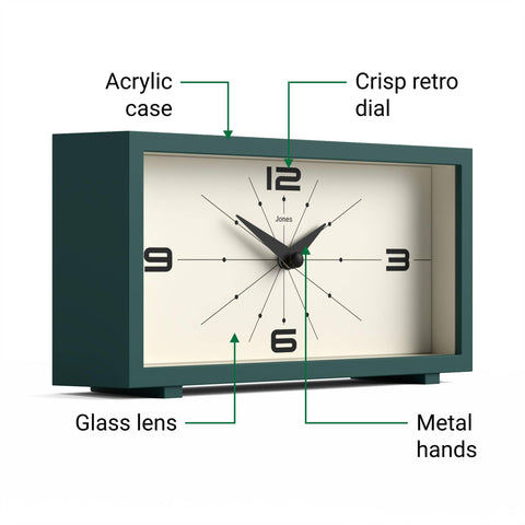 Jones Clocks Odeon compact dimensions fit mantels and desks