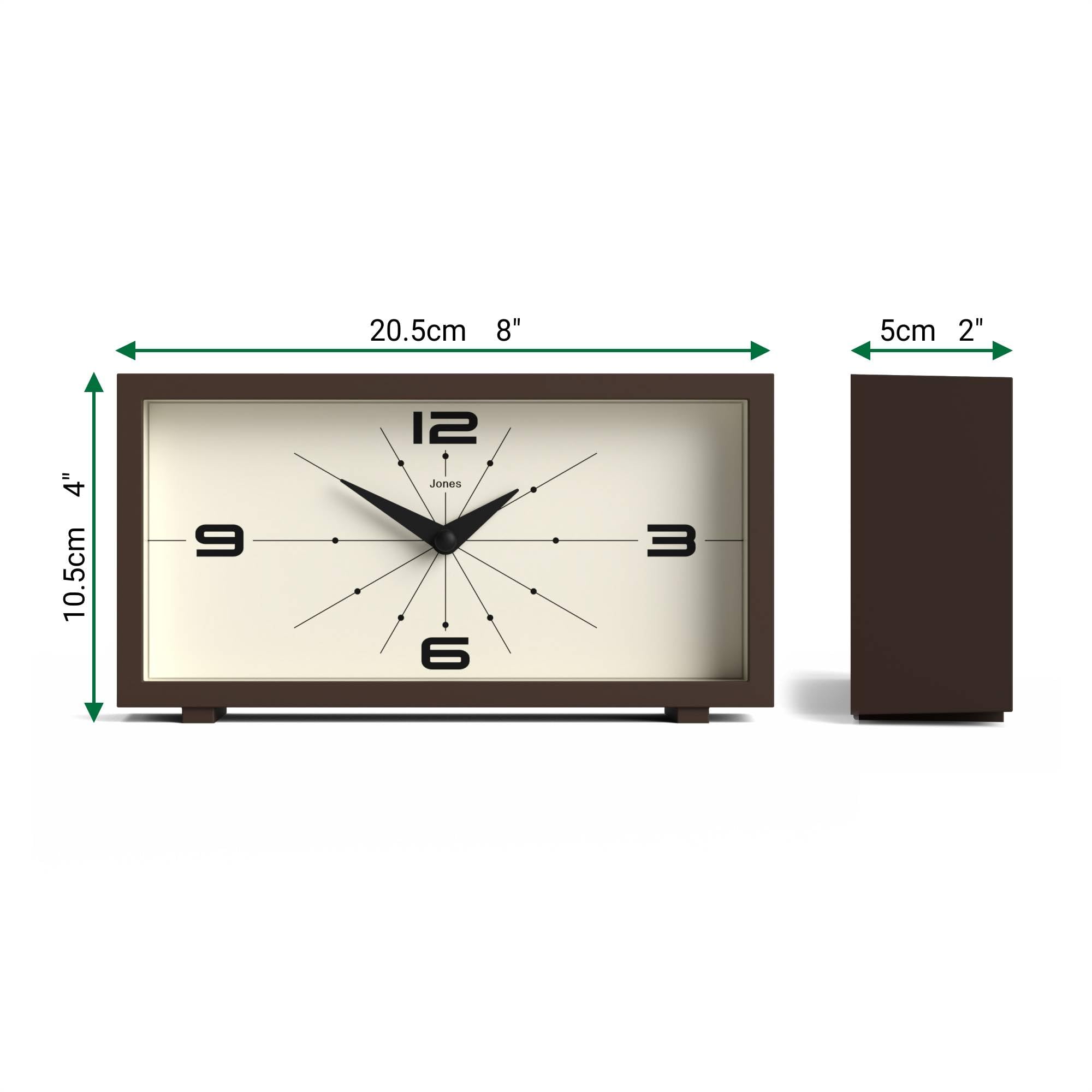 Jones Clocks Odeon retro dial in a modern rectangular housing for mantels or desks.