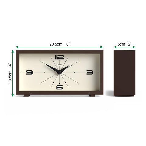 Jones Clocks Odeon retro dial in a modern rectangular housing for mantels or desks.