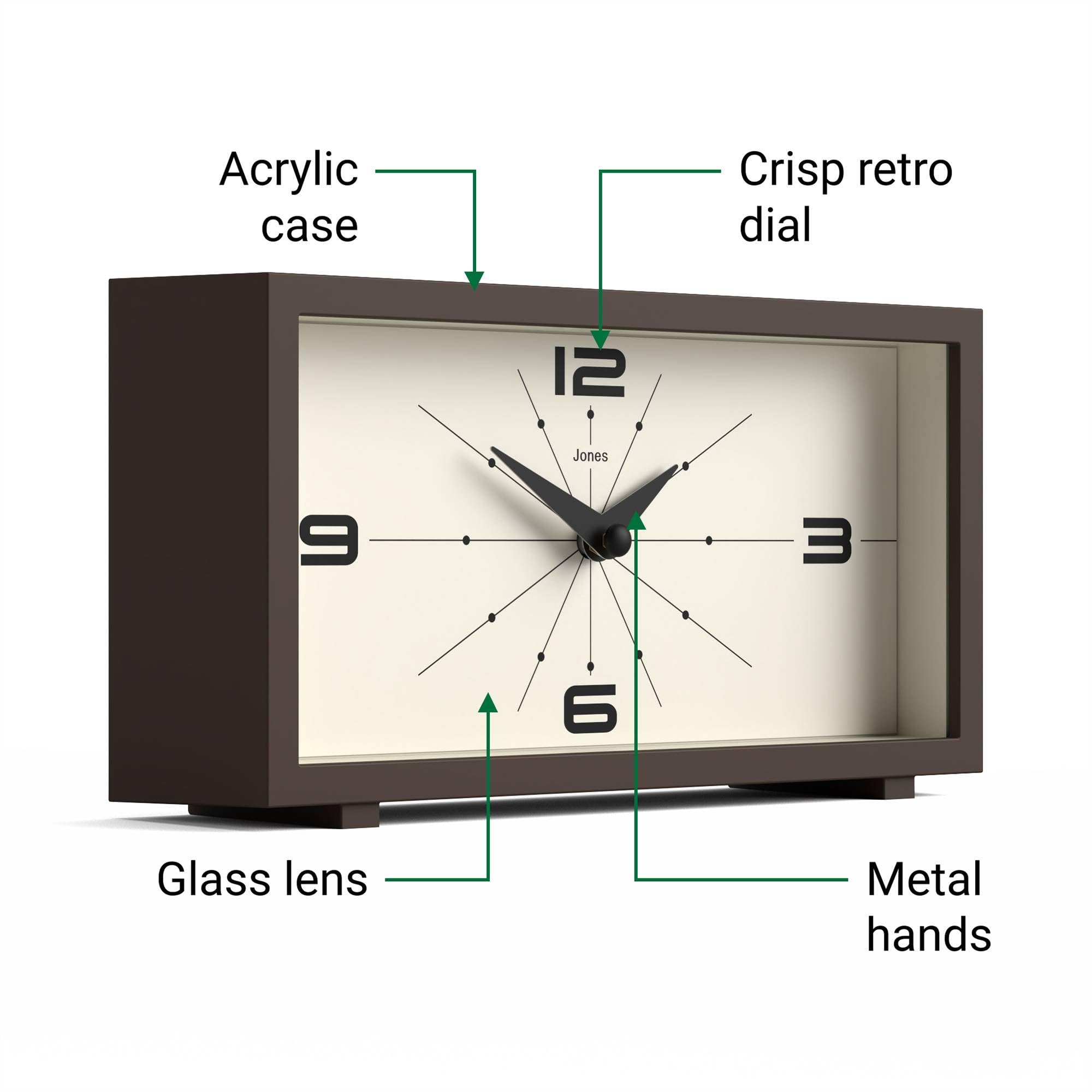 Jones Clocks Odeon desk clock with quartz movement offering reliable timekeeping.
