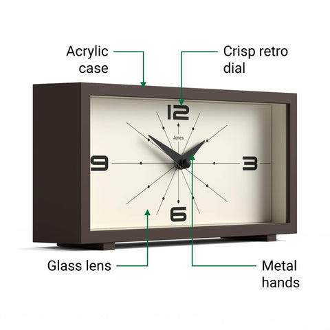 Jones Clocks Odeon desk clock with quartz movement offering reliable timekeeping.