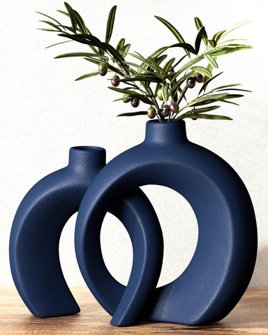 Jonronboci blue donut vase set front view, elegant navy centerpiece for living room