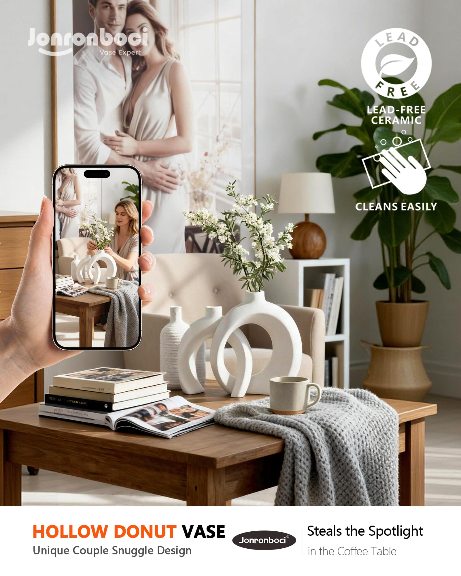 Jonronboci donut vase small in matte white, ideal for shelves or tables.