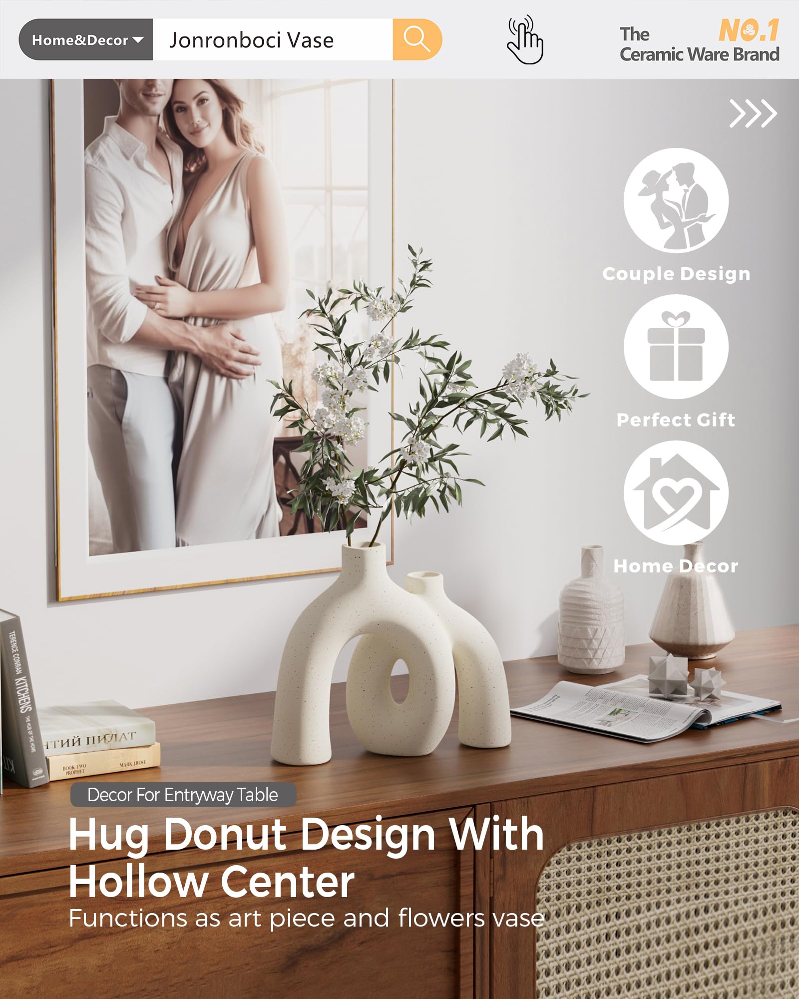 Matte textured Jonronboci Hug Donut Vase Set close-up in cream white
