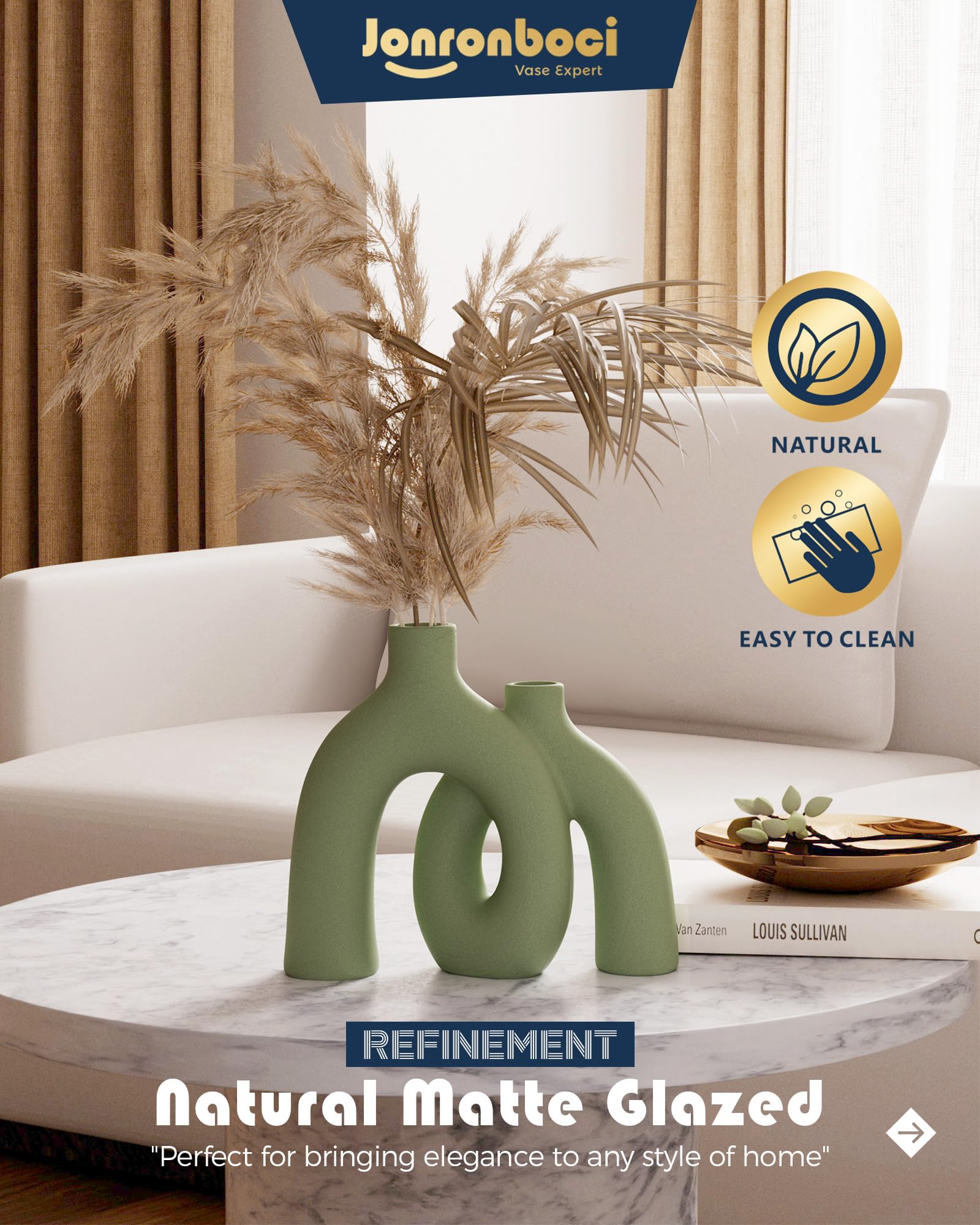 Jonronboci Hug Donut vase set in sage green on a console