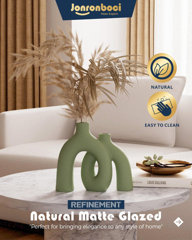 Jonronboci Hug Donut vase set in sage green on a console