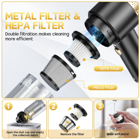JONYJ dual filtration with metal and HEPA filters for thorough debris capture