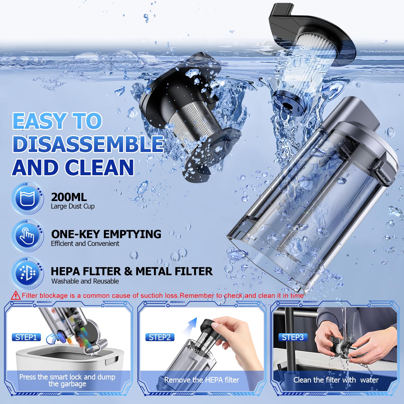 JONYJ washable HEPA filter and dual filtration protect motor from debris