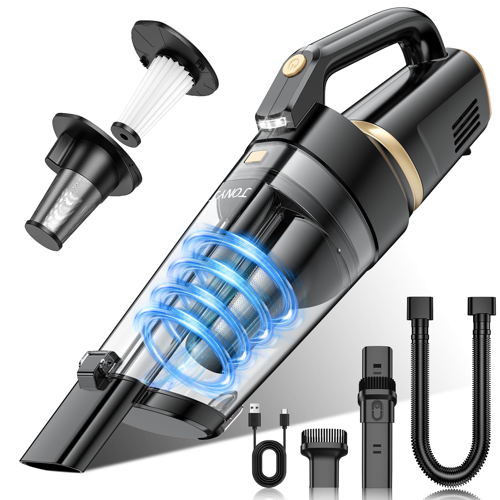 JONYJ handheld vacuum with strong 16kPa suction for fast debris pickup in cars and homes.