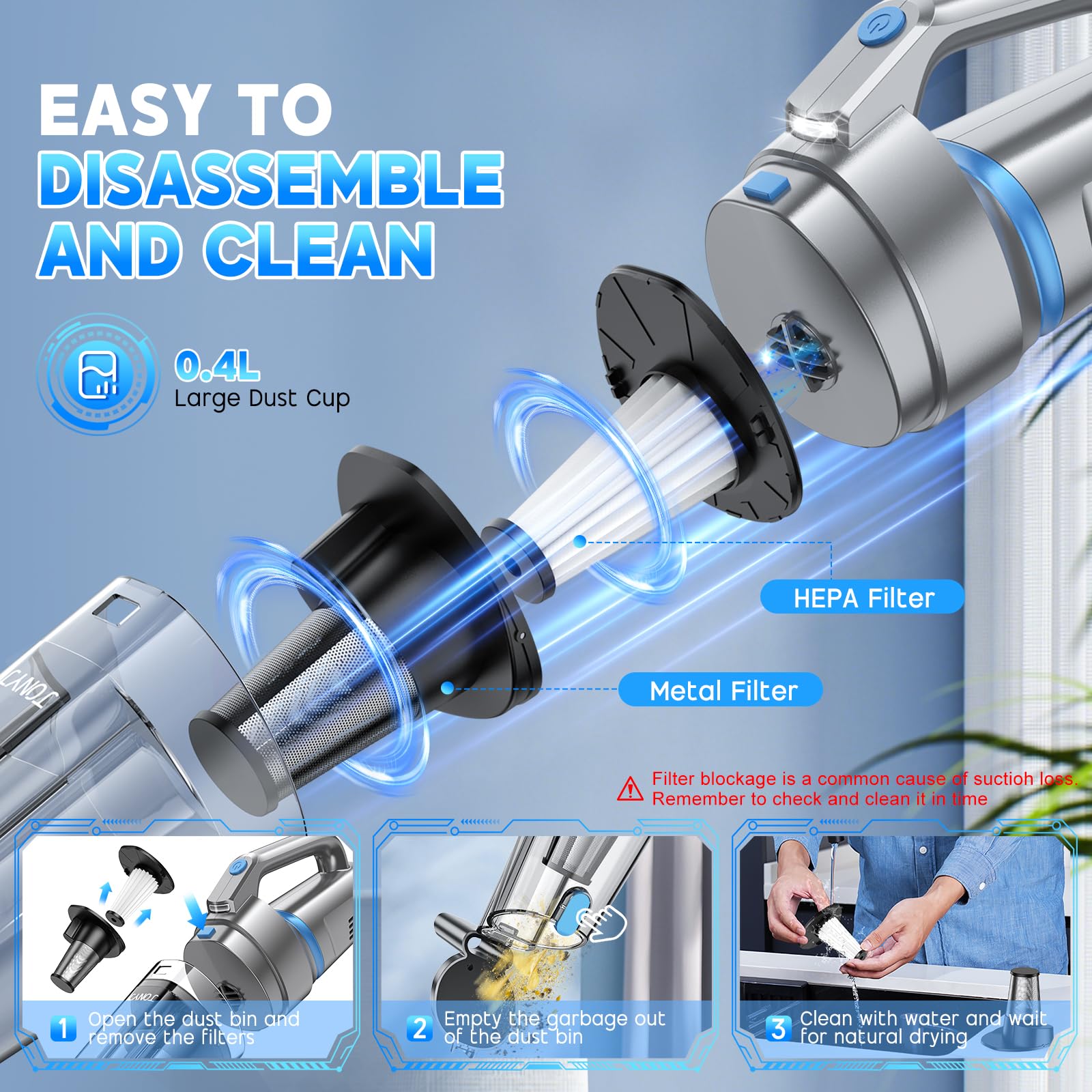 JONYJ handheld vacuum accessories include three attachments for versatile cleaning.