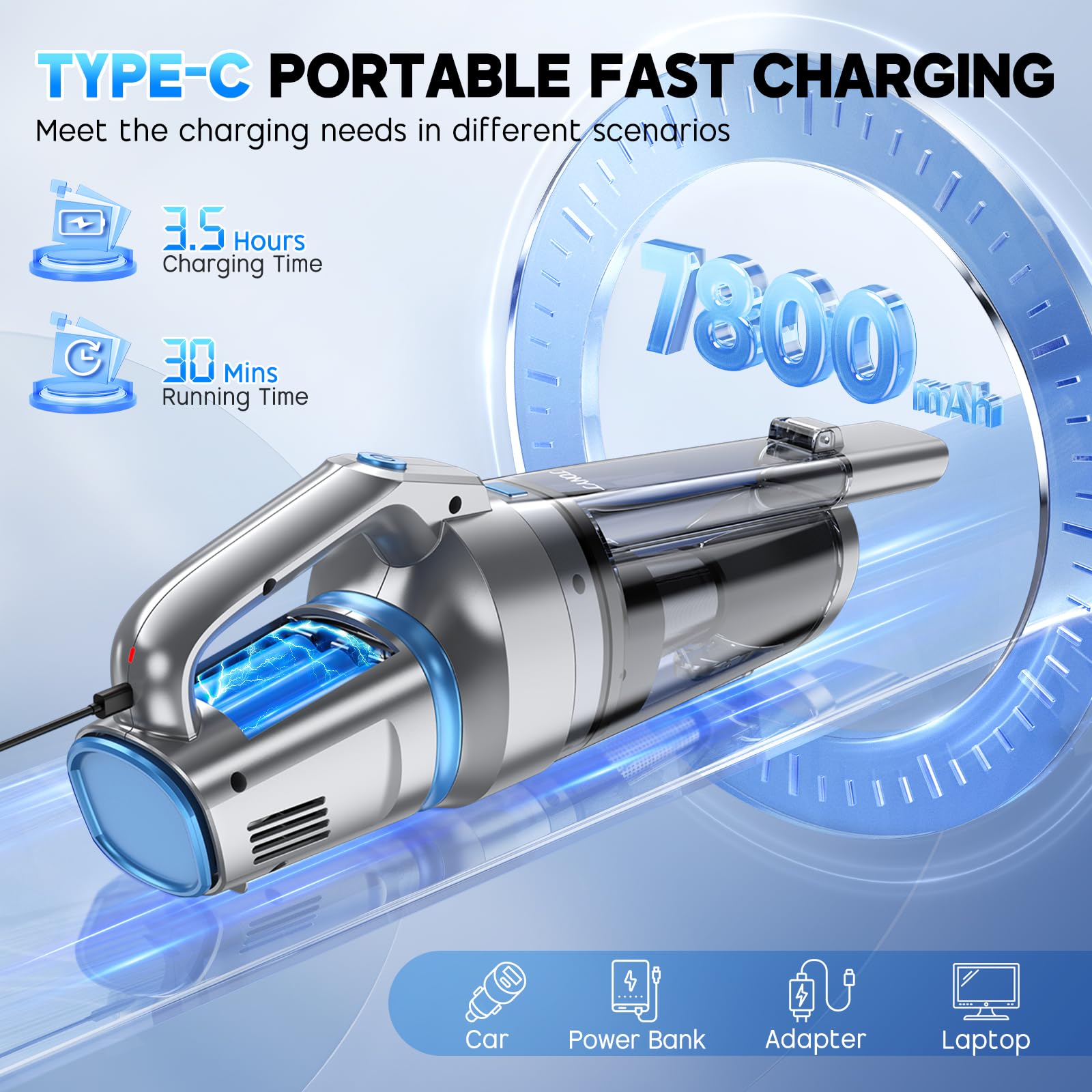 JONYJ handheld vacuum LED light reveals hidden dust in dark corners.