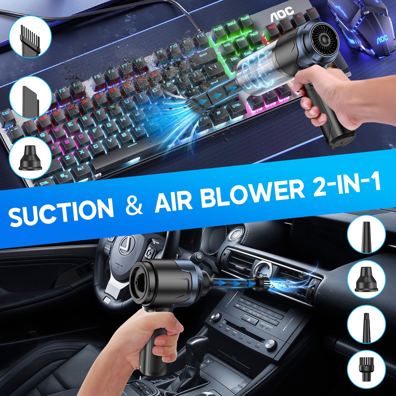 JONYJ vacuum with LED light brightens car interiors for precise dust removal.