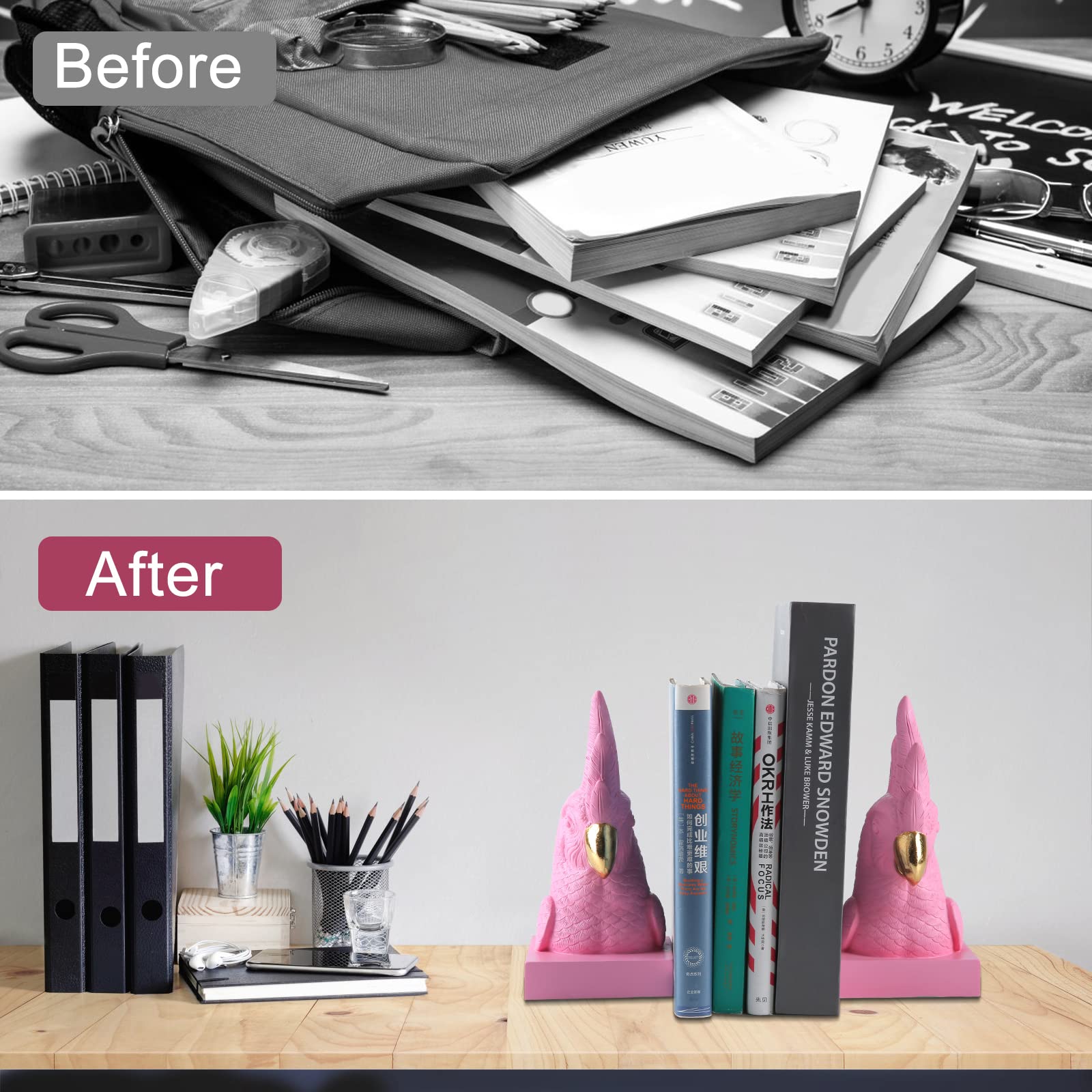 JOOMBE Pink Parrot bookends serve as a stylish home decor accessory