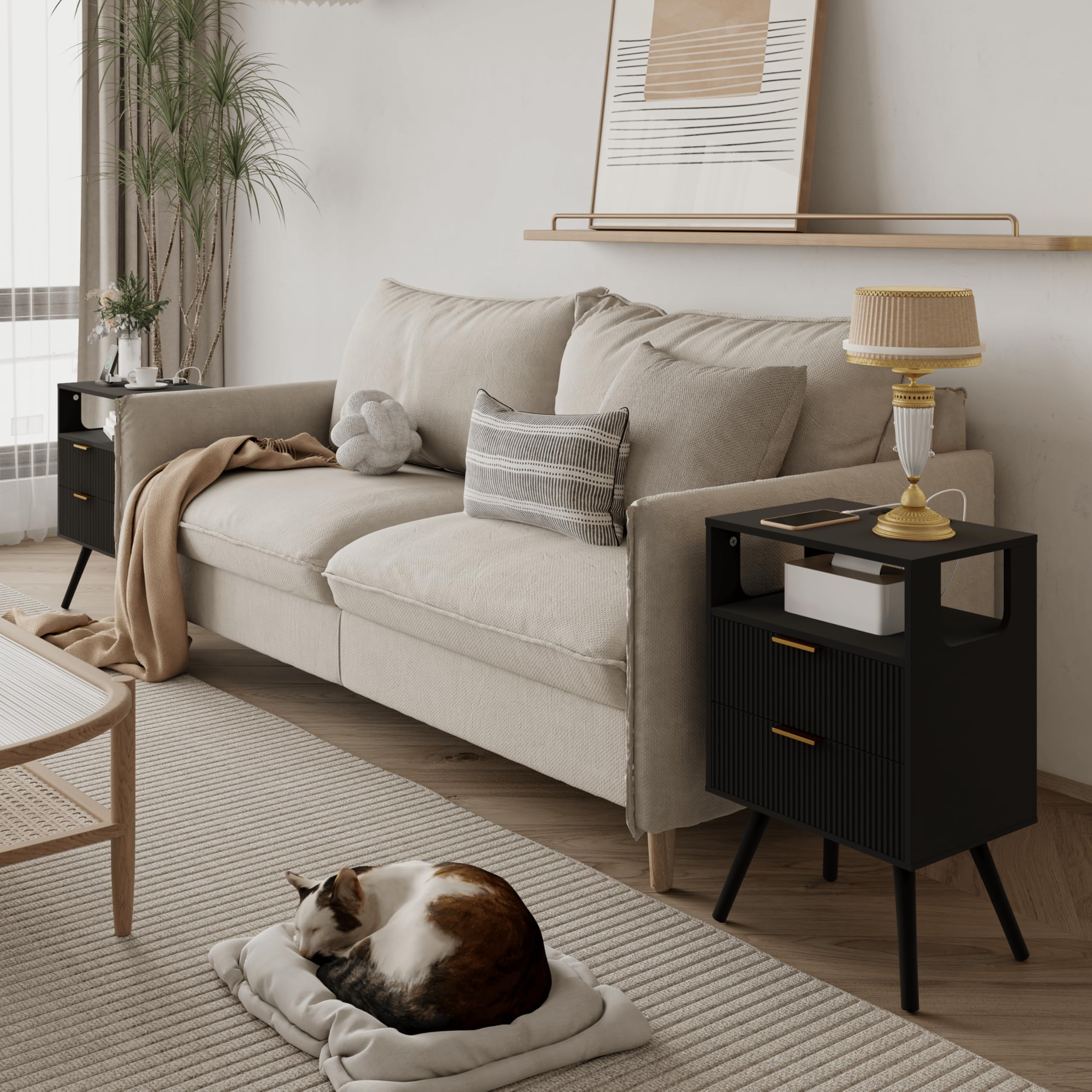 JOONEE bedside table with solid wood legs adds sturdy support and style.