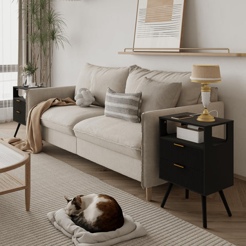 JOONEE bedside table with solid wood legs adds sturdy support and style.