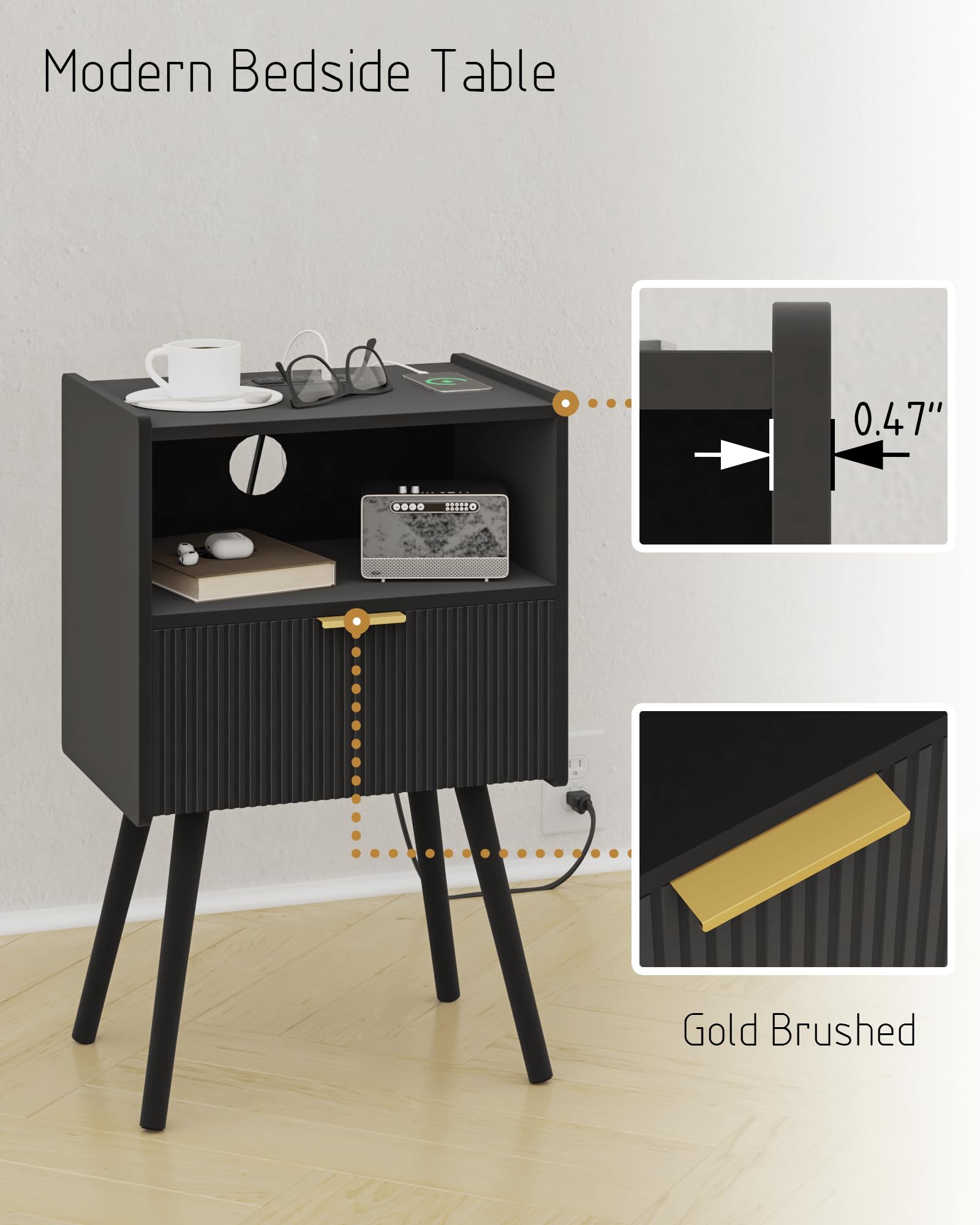 JOONEE compact bedside table shown beside a bed in a bedroom.