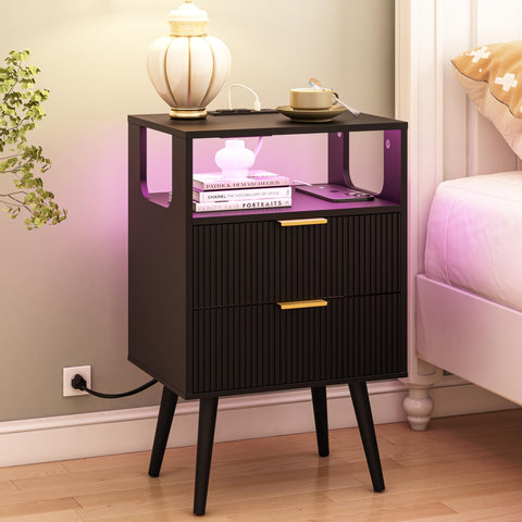 JOONEE black nightstand with charging station and LED lights for easy late-night charging.