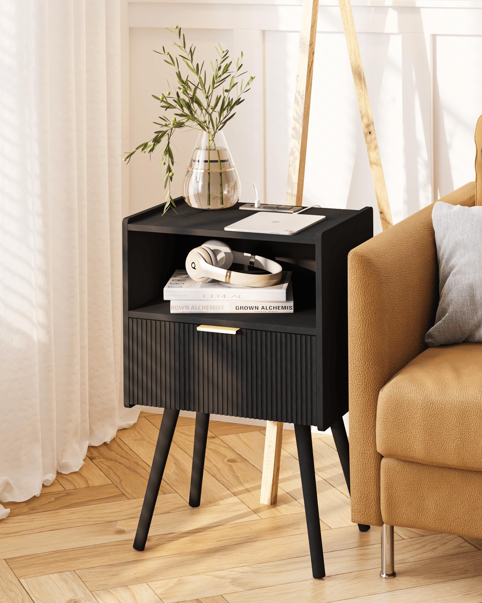 JOONEE nightstand closeup highlighting the outlet and drawer construction.