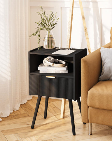 JOONEE nightstand closeup highlighting the outlet and drawer construction.