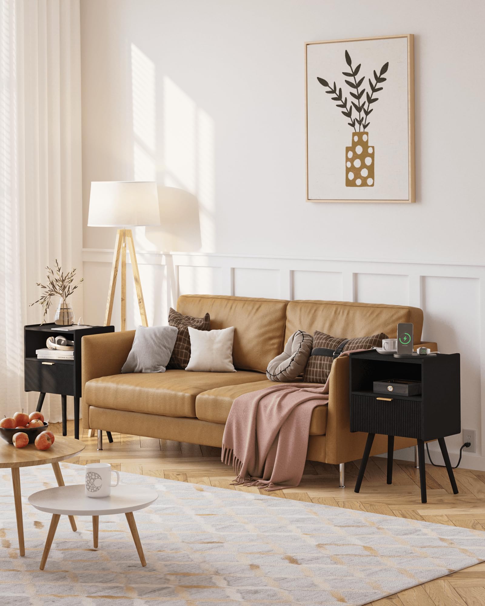 JOONEE modern nightstand styled in a living room setting.