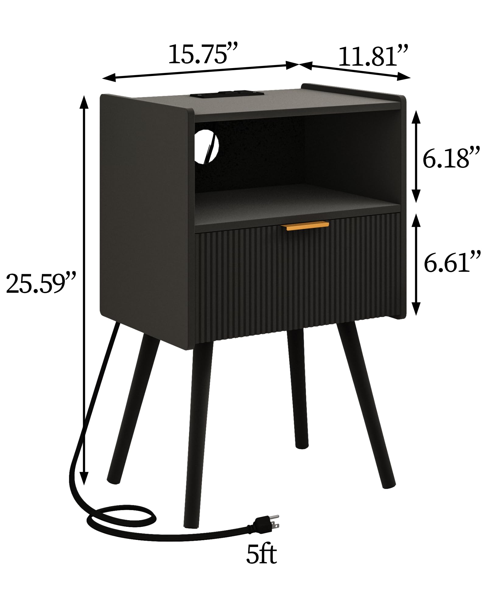 JOONEE nightstand with open wood shelf adds accessible display space.