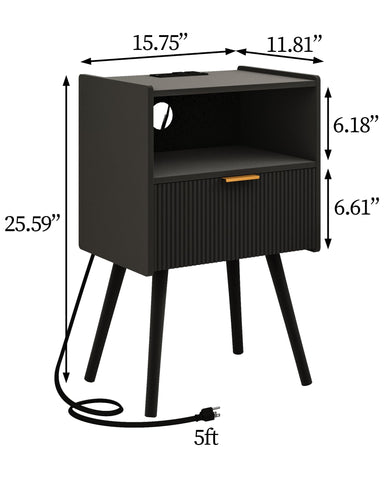 JOONEE nightstand with open wood shelf adds accessible display space.