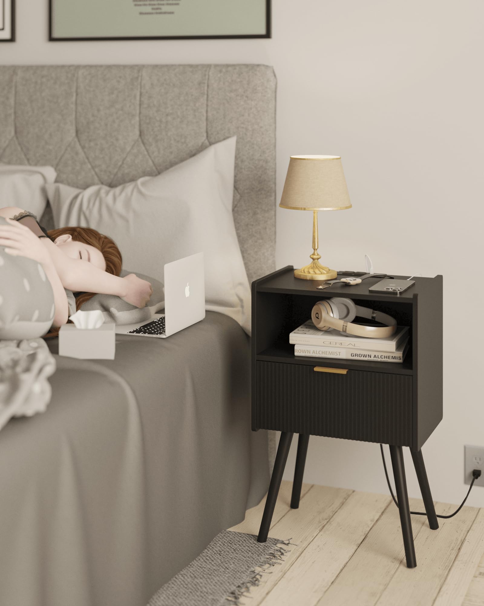 JOONEE nightstand featuring solid wood legs for sturdy support.