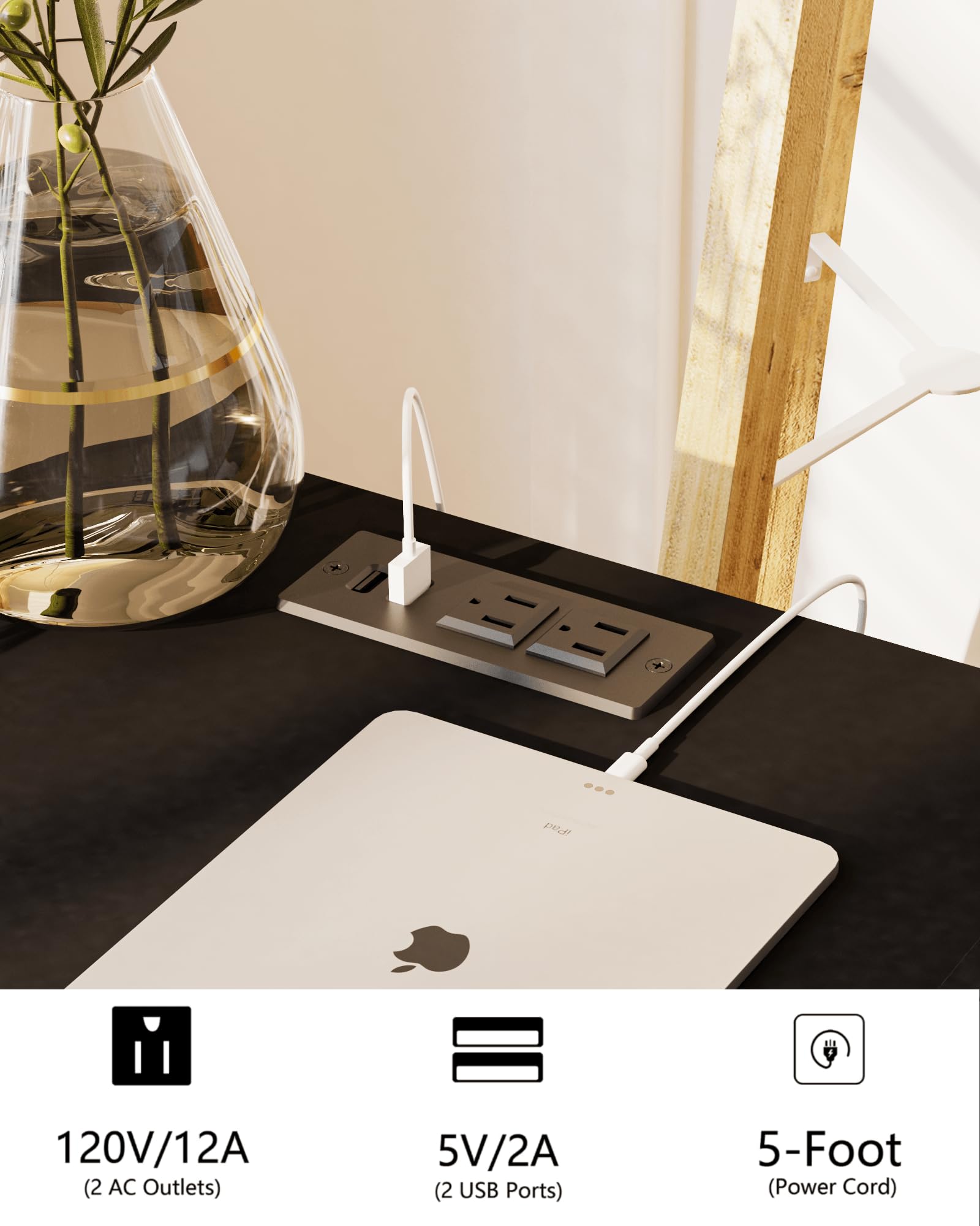 JOONEE nightstand top surface for lamp, clock, or plant.